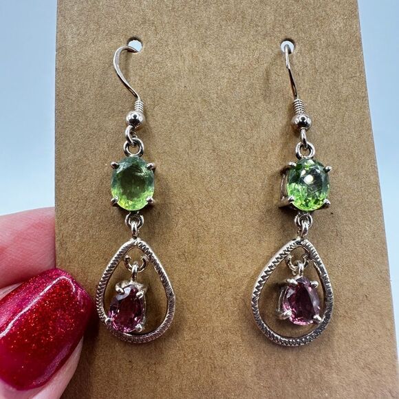 Stunning peridot and pink tourmaline in sterling silver dangle earrings!! - Picture 5 of 7